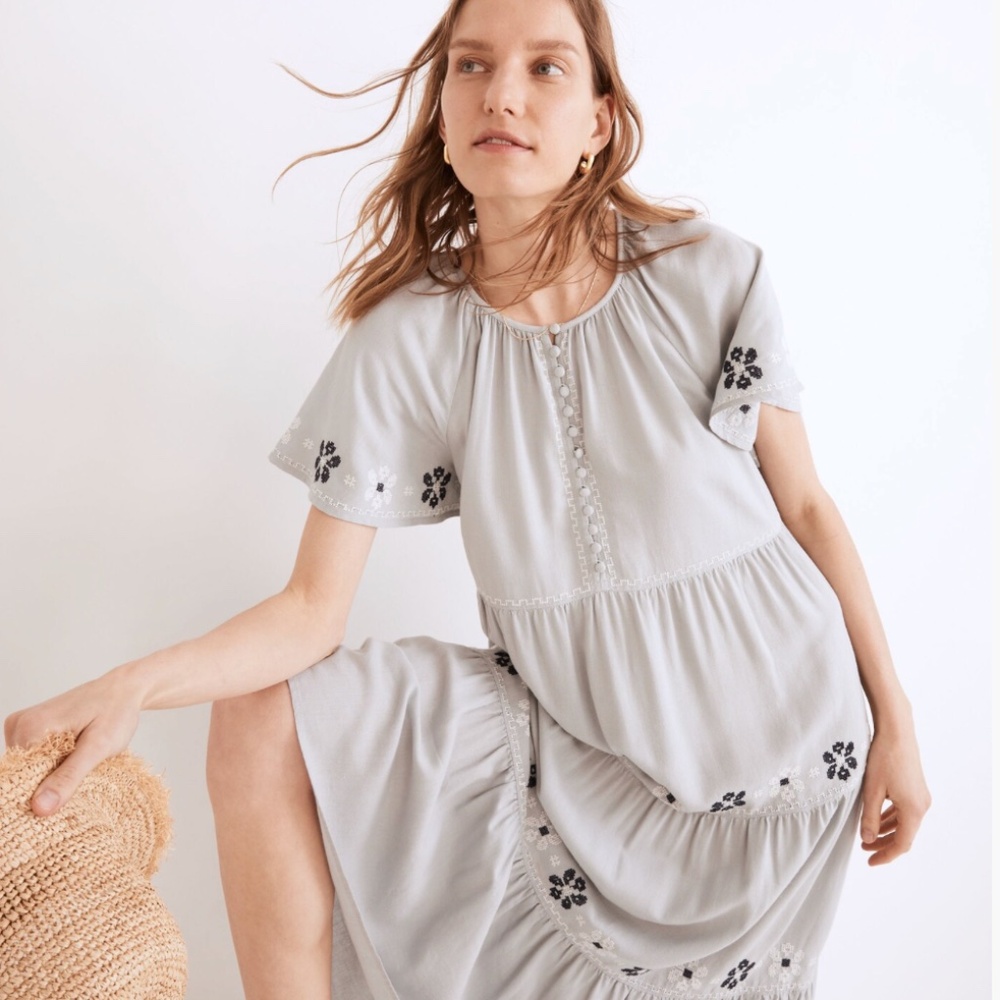 Embroidered Flutter-Sleeve Tiered Midi Dress